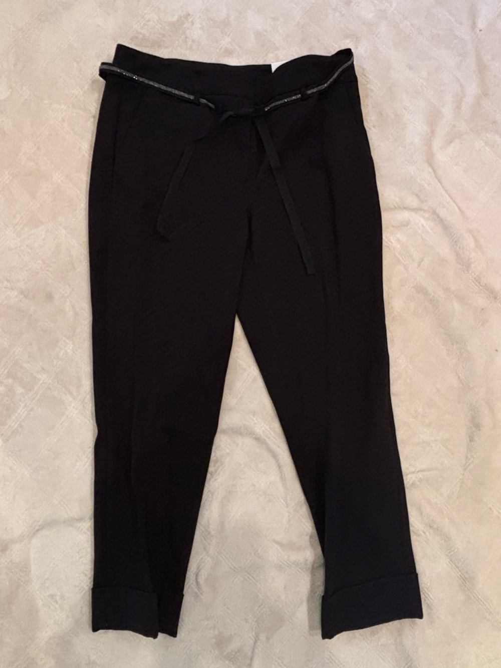 Black rhinestone Tie-Waist Cropped Dress Pants